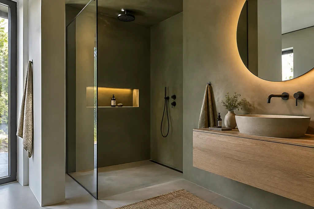 Badkamer in De Bilt: badkamerwand in naadloos microcement