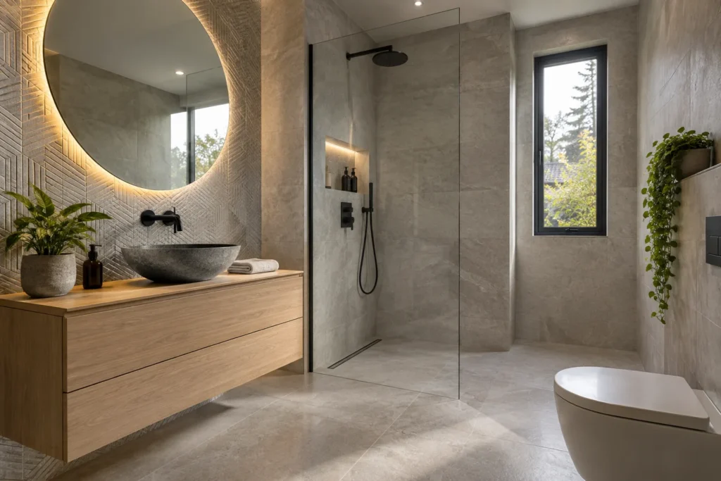 Badkamer op zolder in Utrecht: strak betegelde moderne badkamer na oplevering